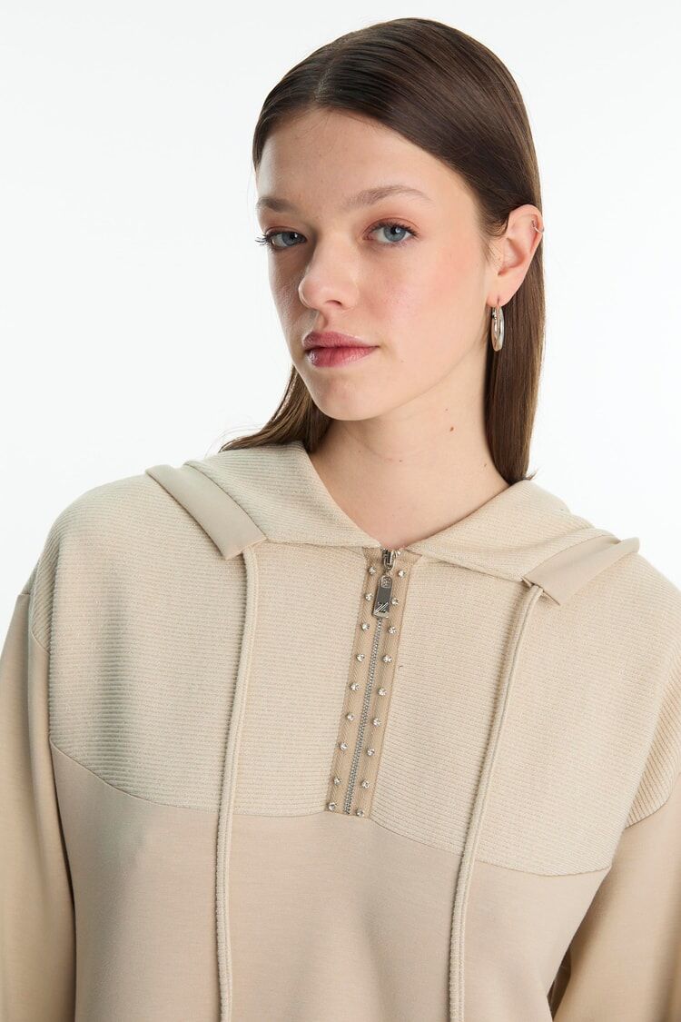 Kapüşonlu Fermuar Detaylı Bej İkili Takım TK-1689