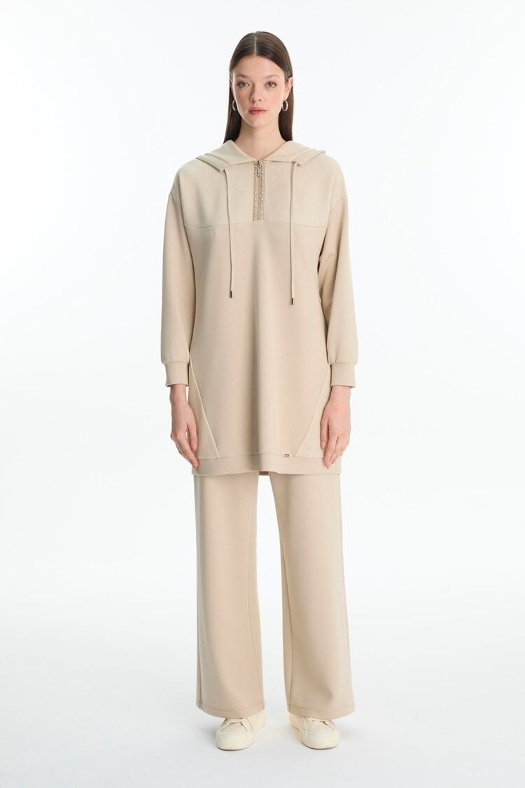 Kapüşonlu Fermuar Detaylı Bej İkili Takım TK-1689