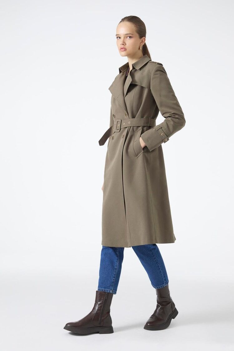 Kruvaze Yaka Beli Kuşaklı Uzun Haki Trençkot 12528