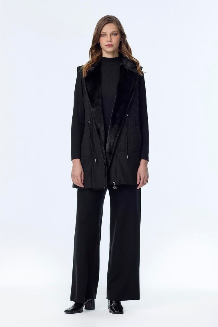 Peluş Yaka Bağcık Detaylı Üçlü Kombin Siyah Takım TK-1655