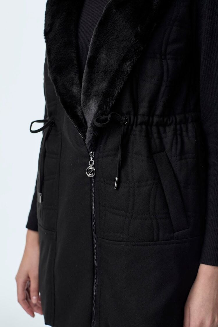 Peluş Yaka Bağcık Detaylı Üçlü Kombin Siyah Takım TK-1655