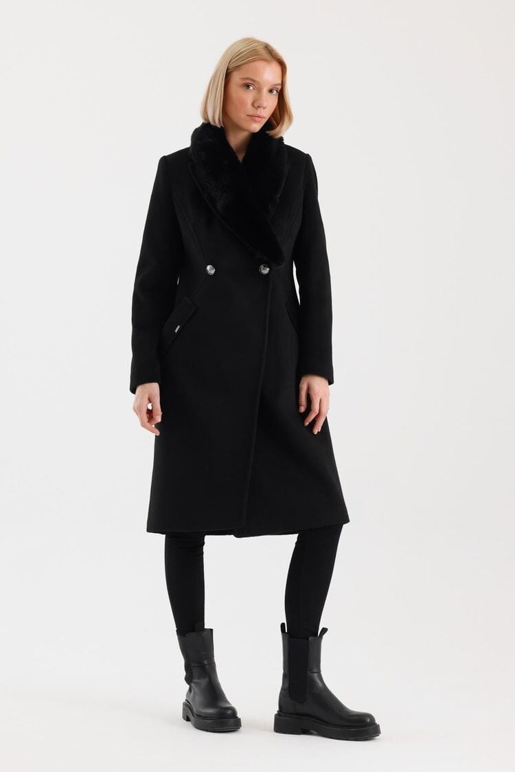 Kürk Yaka Cep Detaylı Kaşe Siyah Kaban 13092