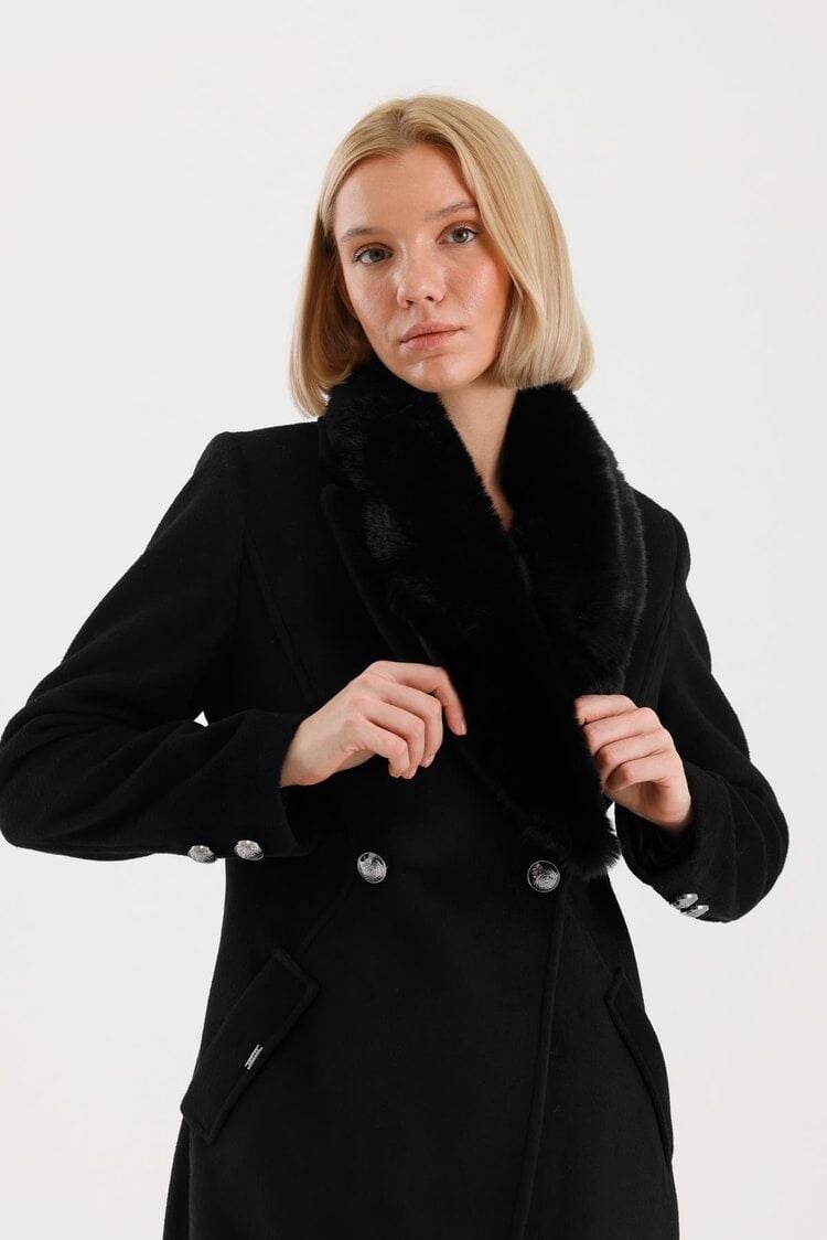 Kürk Yaka Cep Detaylı Kaşe Siyah Kaban 13092