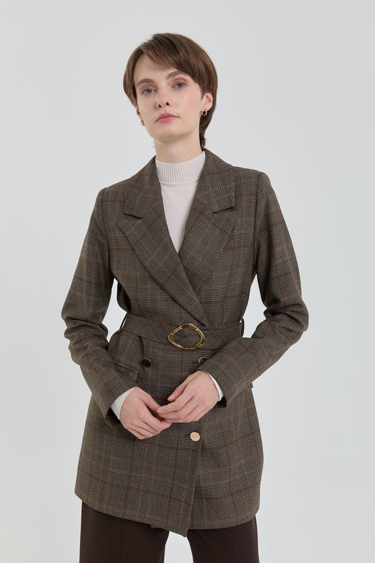 (252CK4110NH.1) Nihan Kuşaklı Ekose Kruvaze Ceket Kahve