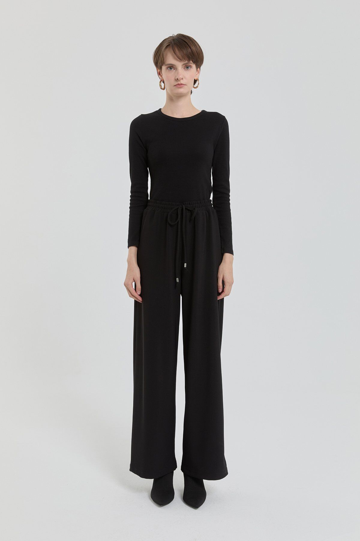 252PA4262NH.1) Örme Beli Lastikli Bol Paça Pantolon Siyah