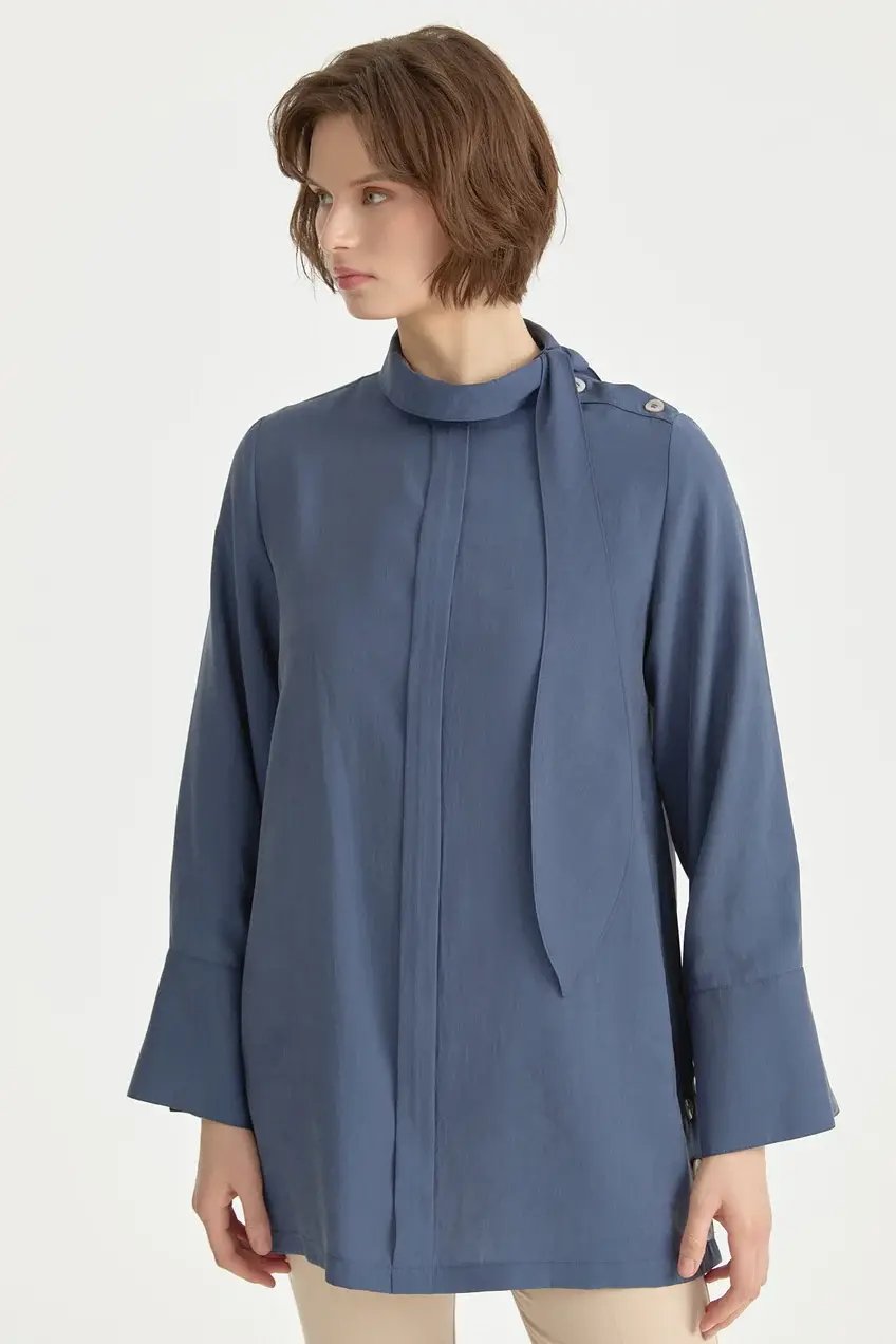 Fular Yaka Lyocell Tunik - İndigo 261TN4189NH.1-07-02