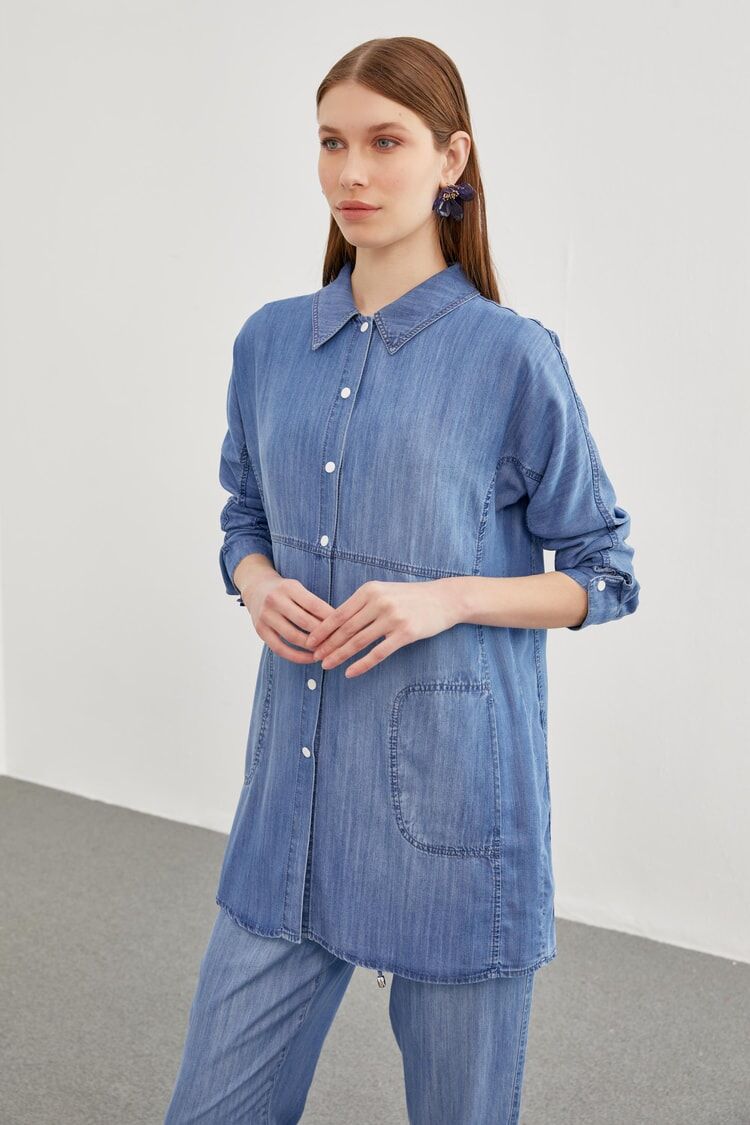 Denim Gömlek Bluz Mavi İkili Takım TK-1254