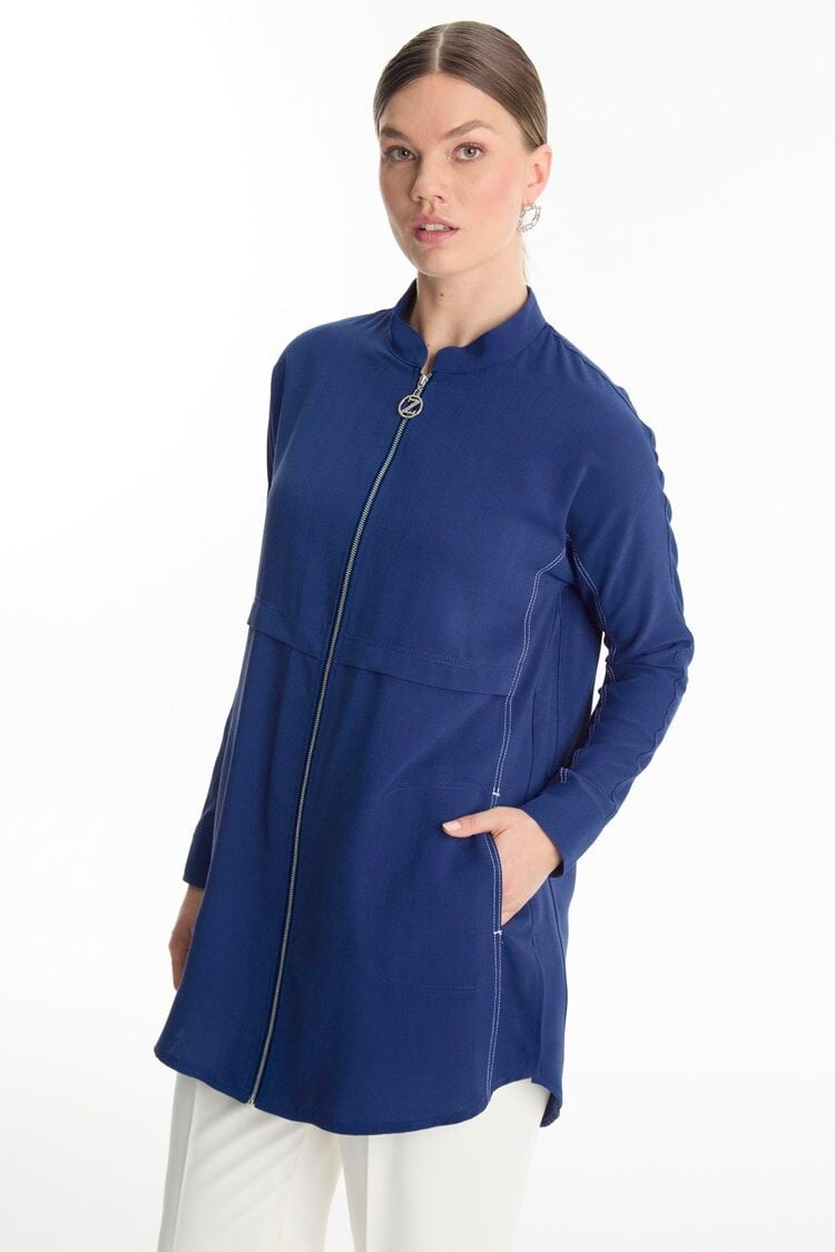 Fermuarlı Hakim Yaka Lacivert Ceket C-0130