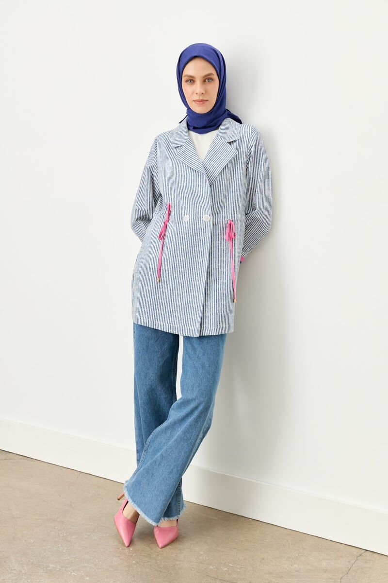 Nihan Kumaş Mixli Kruvaze Ceket İndigo