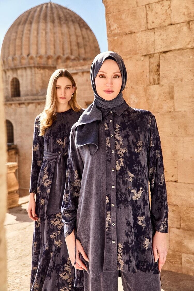 Jakar Desenli Düğmeli Lacivert İkili Takım TK-1613