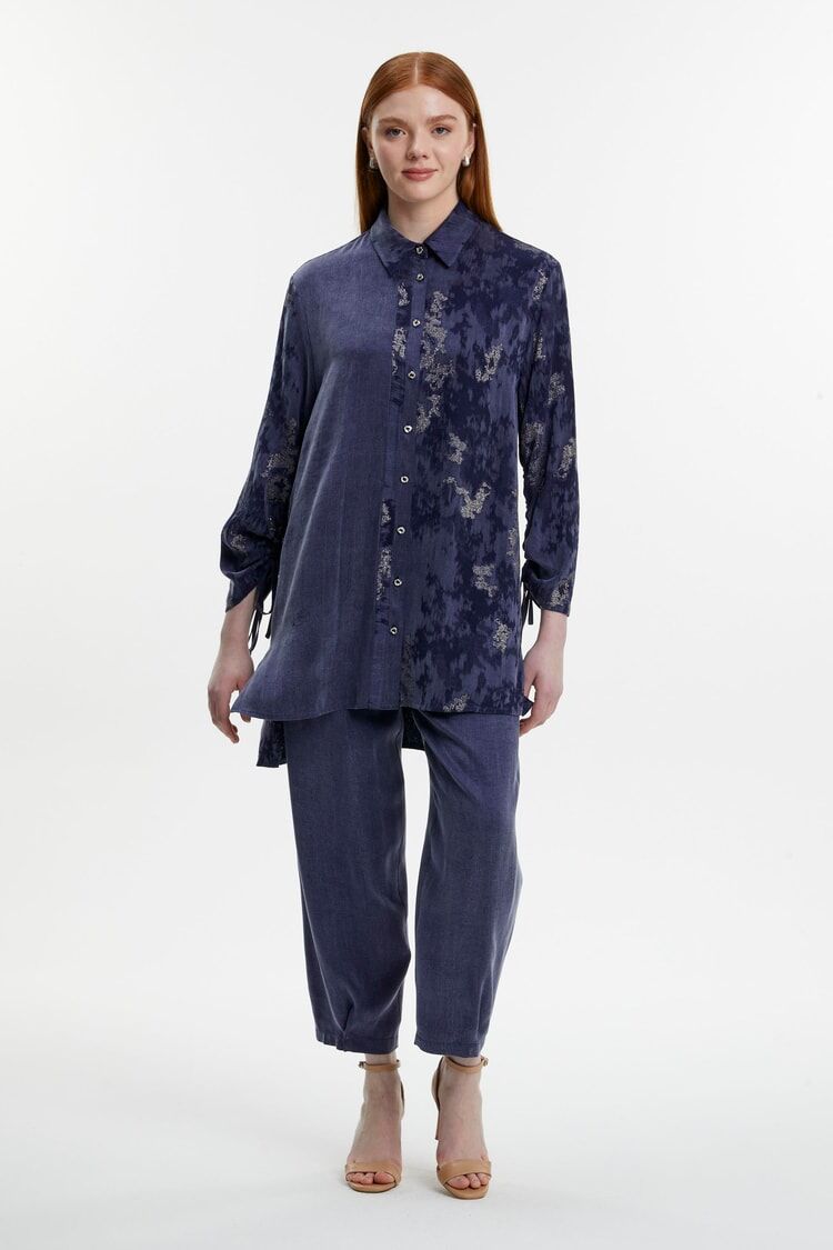 Jakar Desenli Düğmeli Lacivert İkili Takım TK-1613