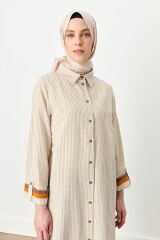 Nihan Gömlek Yaka Çizgili Tunik Bej