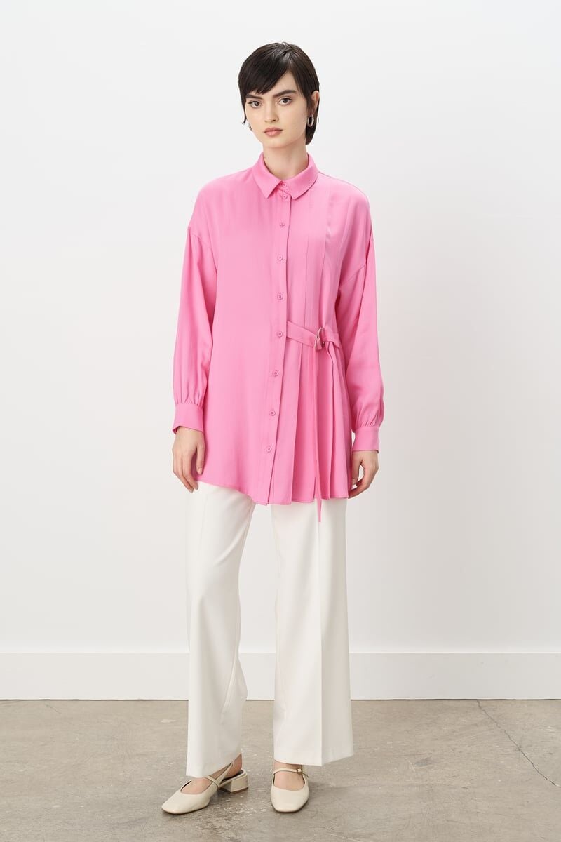 Nihan Pile ve Kemer Detaylı Tencel Tunik Pembe