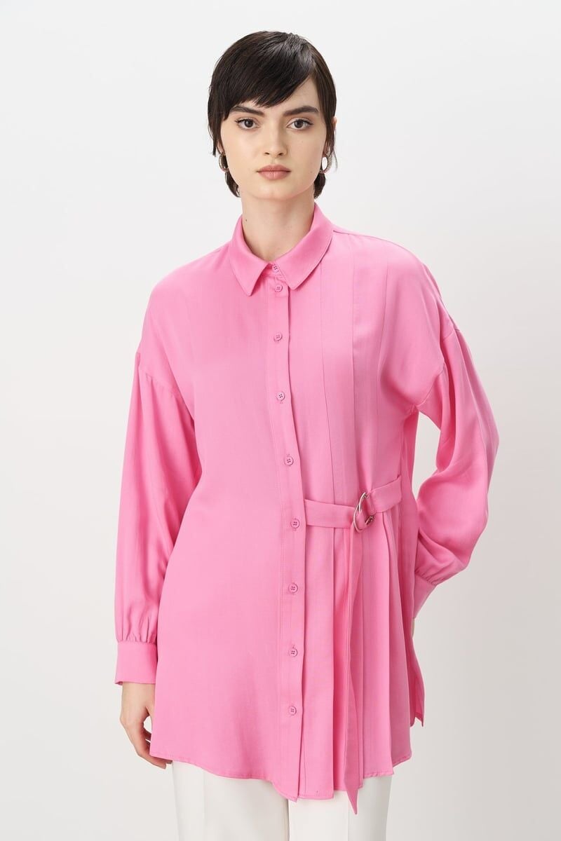 Nihan Pile ve Kemer Detaylı Tencel Tunik Pembe