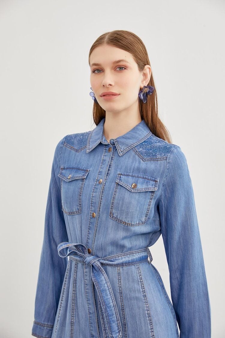 Denim Gömlek Yaka Payet Detaylı Mavi Elbise E-0382