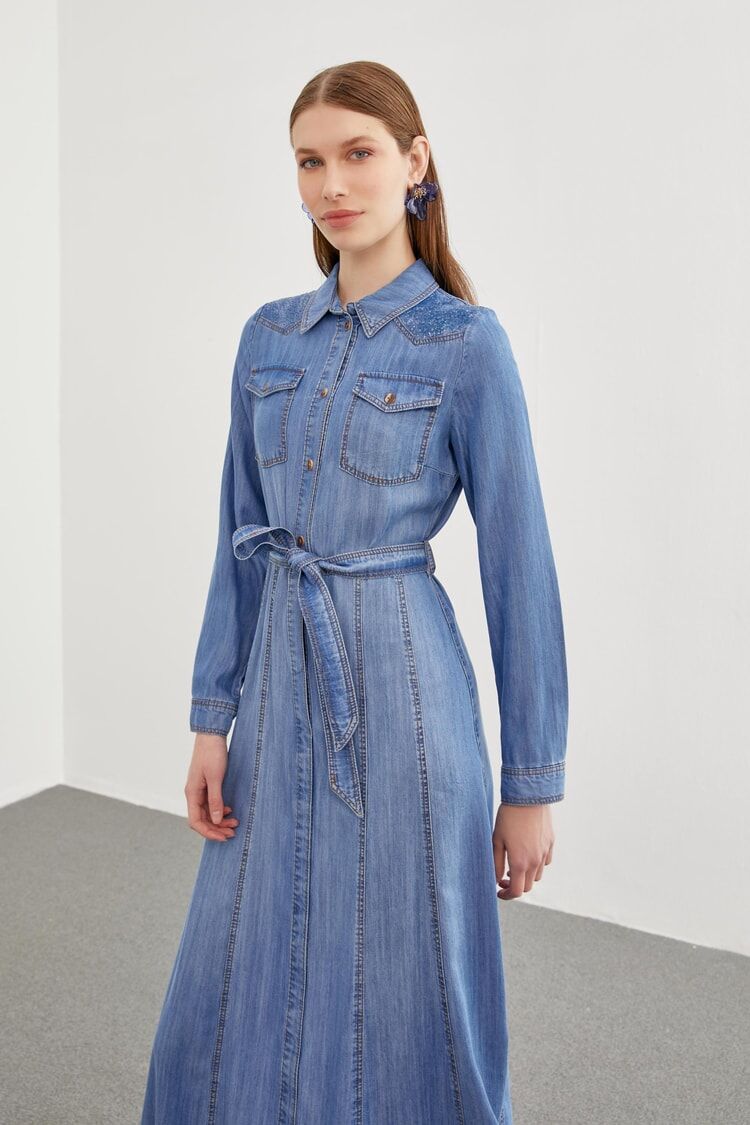 Denim Gömlek Yaka Payet Detaylı Mavi Elbise E-0382