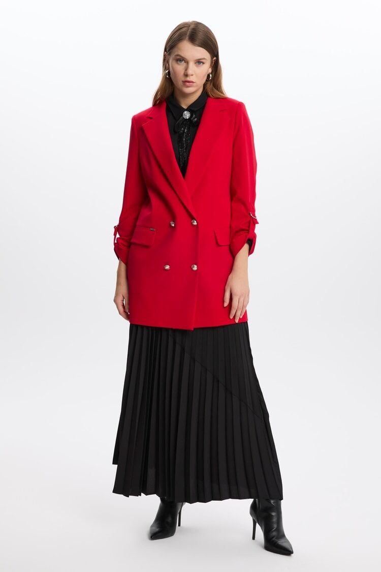 Kol Detaylı Uzun Kırmızı Ceket C-0029