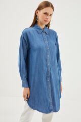 Denim Gömlek Yaka Mavi Tunik T-1115