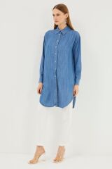 Denim Gömlek Yaka Mavi Tunik T-1115