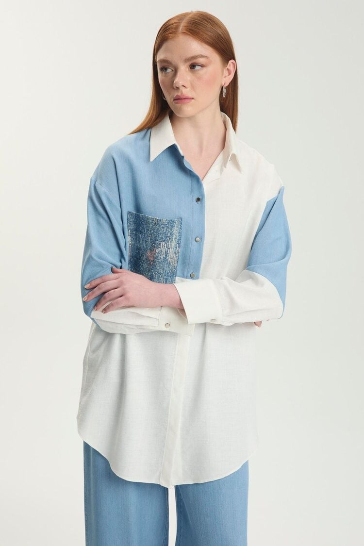 Renk Bloklu Cep Pullu Ekru Tunik T-1561