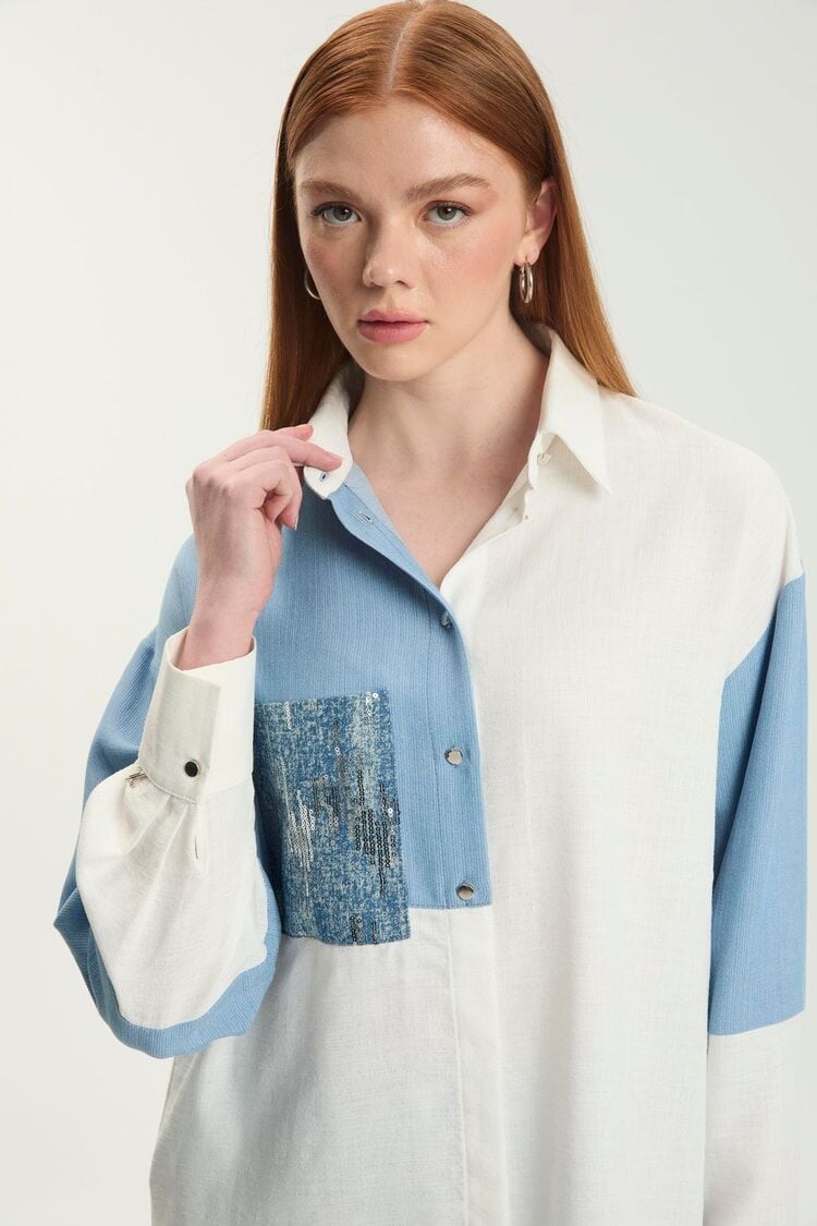 Renk Bloklu Cep Pullu Ekru Tunik T-1561