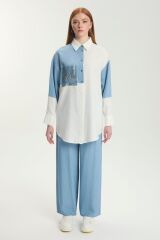 Renk Bloklu Cep Pullu Ekru Tunik T-1561