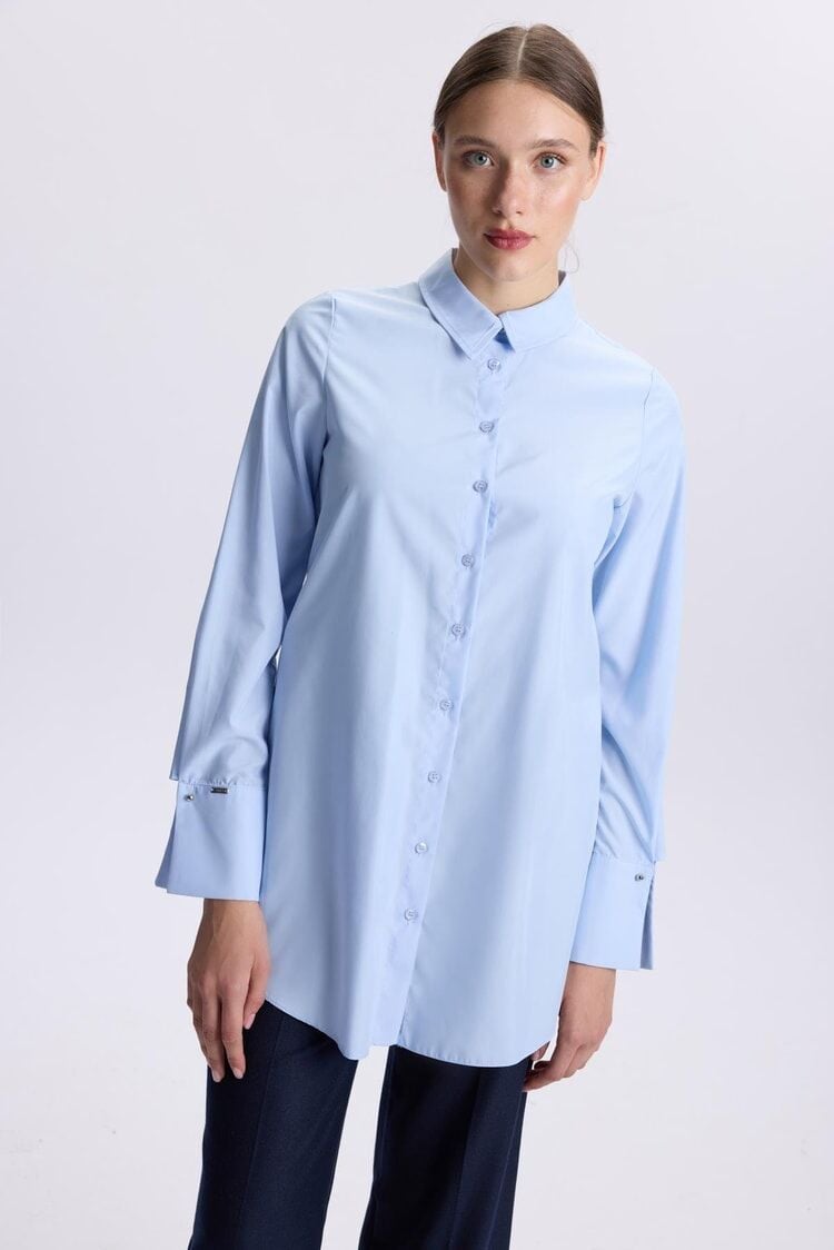 Kol Düğmeli Mavi Poplin Tunik T-1506