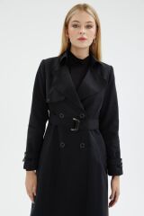 Zincir ve Kemer Detaylı Siyah Trençkot 12615