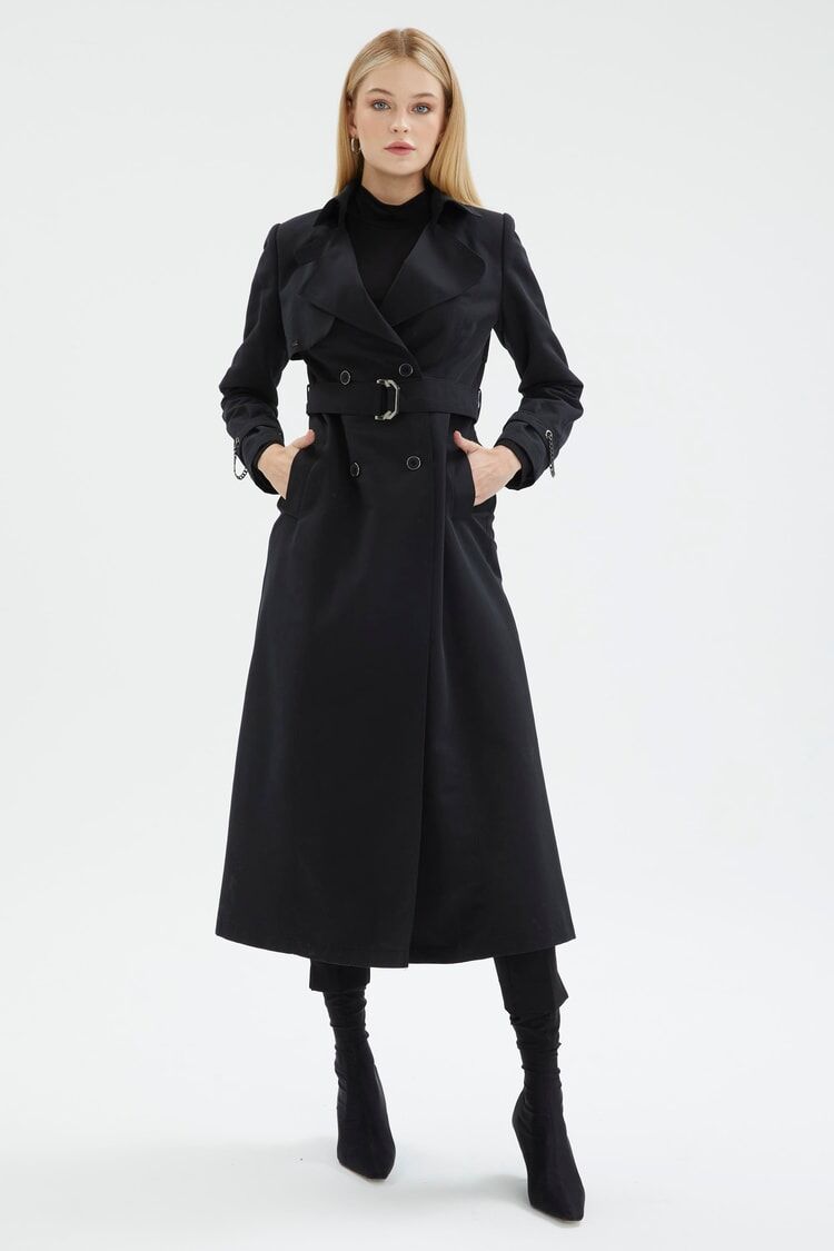Zincir ve Kemer Detaylı Siyah Trençkot 12615