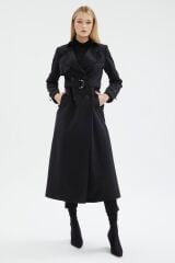 Zincir ve Kemer Detaylı Siyah Trençkot 12615