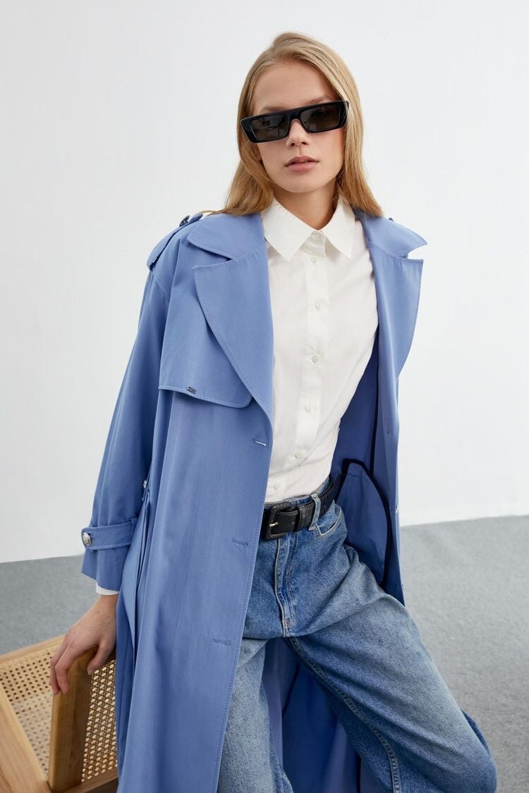 Omuz Apoletli Düğmeli İndigo Trençkot 13459