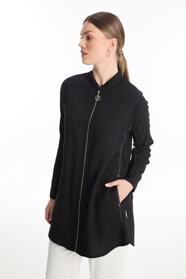 Fermuarlı Hakim Yaka Siyah Ceket C-0130