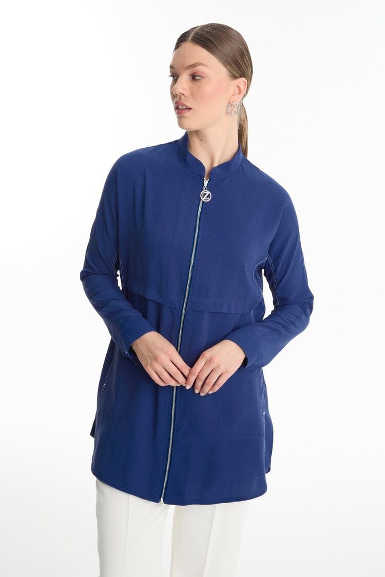 Fermuarlı Hakim Yaka Lacivert Ceket C-0130