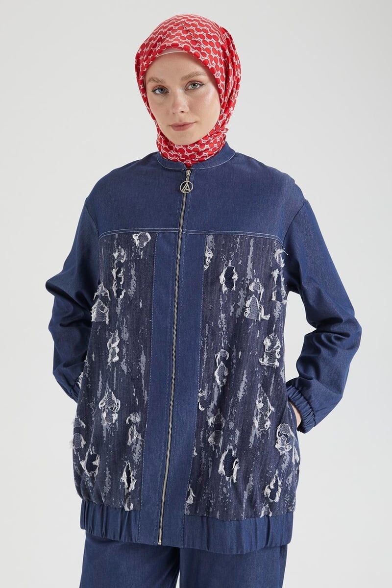 ARMİNE TREND Denim Kumaş Eskitme Detaylı Pantolonlu İkili Takım Lacivert 25YT666