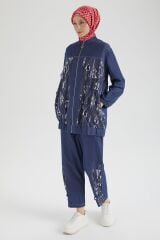 ARMİNE TREND Denim Kumaş Eskitme Detaylı Pantolonlu İkili Takım Lacivert 25YT666