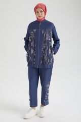 ARMİNE TREND Denim Kumaş Eskitme Detaylı Pantolonlu İkili Takım Lacivert 25YT666