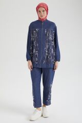 ARMİNE TREND Denim Kumaş Eskitme Detaylı Pantolonlu İkili Takım Lacivert 25YT666