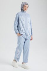 ARMİNE TREND Denim Kumaş Eskitme Detaylı Pantolonlu İkili Takım Buz Mavi 25YT666