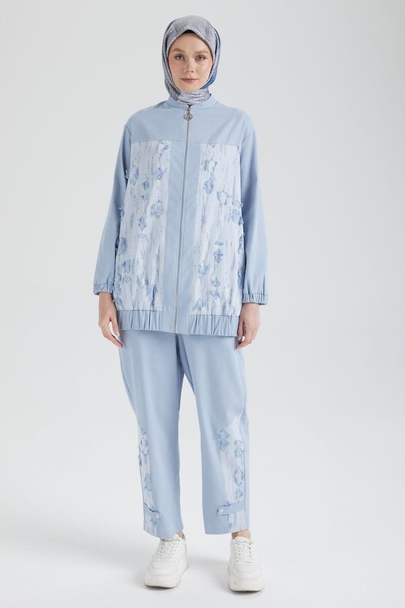 ARMİNE TREND Denim Kumaş Eskitme Detaylı Pantolonlu İkili Takım Buz Mavi 25YT666