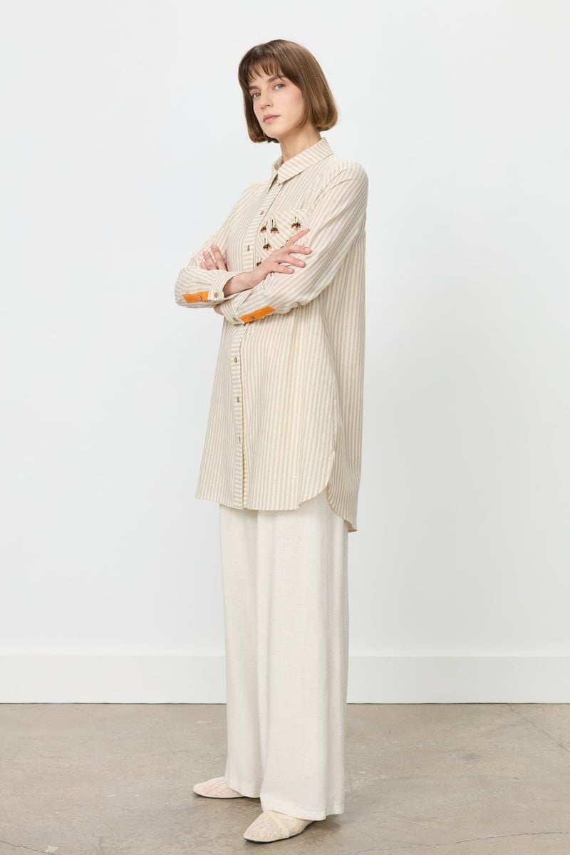 Nihan Çizgi Mixli Deniz Kabuklu Gömlek Pamuk Tunik Bej