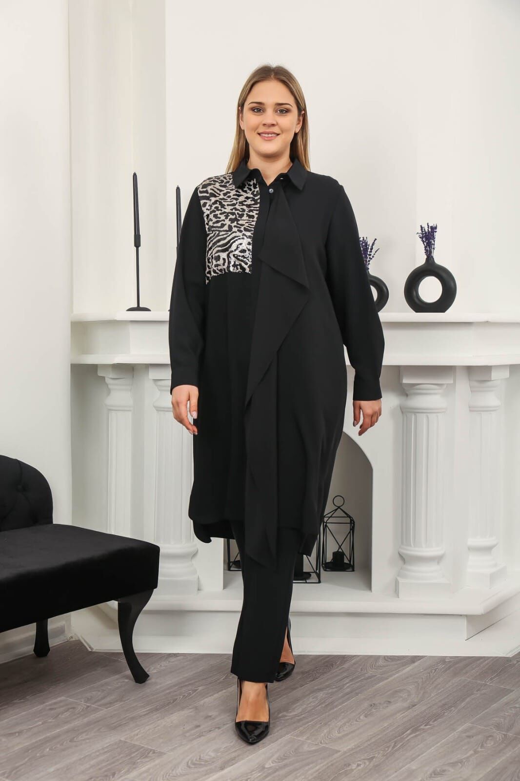 Famelin Siyah Leopar Desenli Şık Tunik 500030