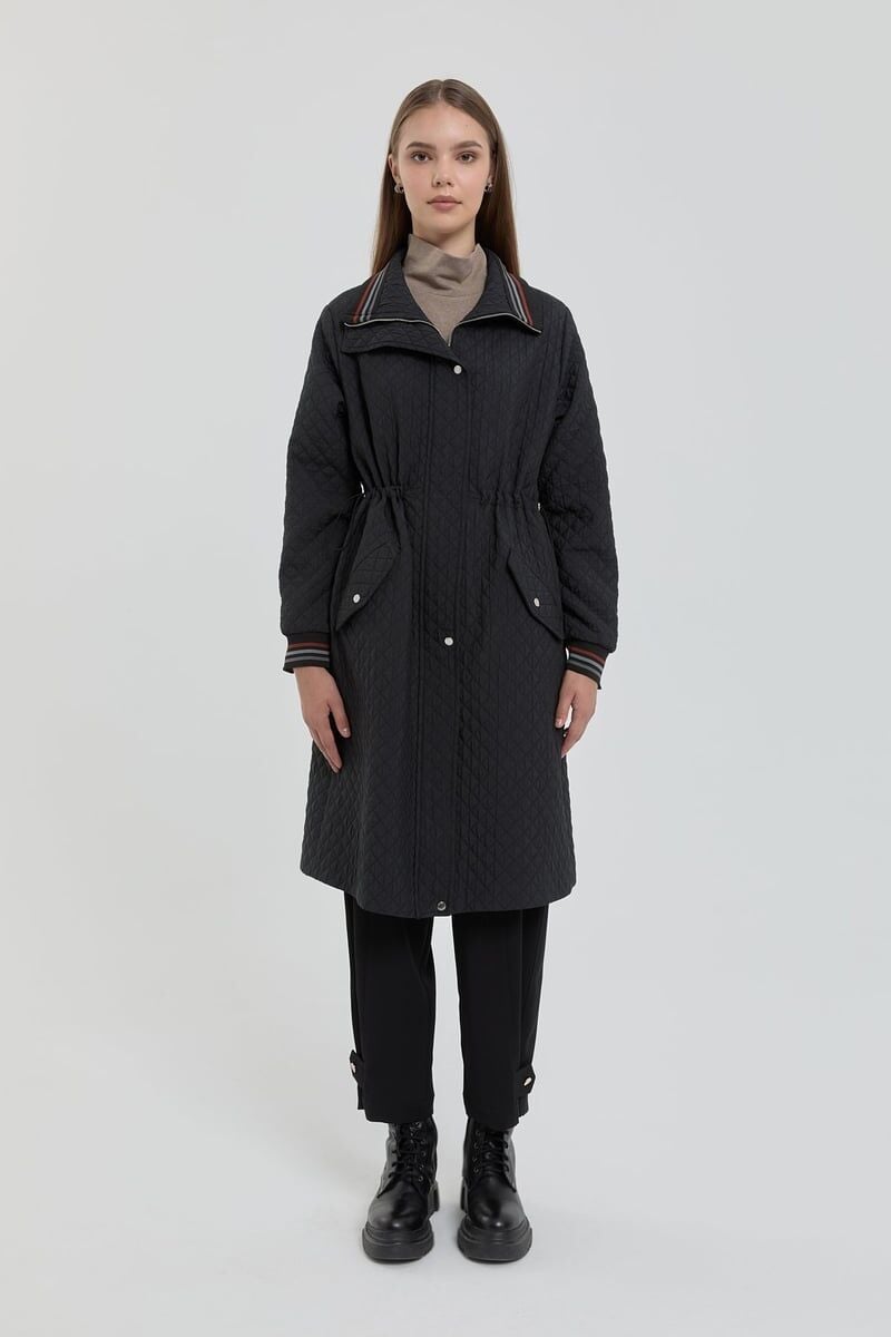 (252KP5084NH.1)   Nihan Büyük Beden İnce Kapitone Beli Büzgülü Kap Siyah