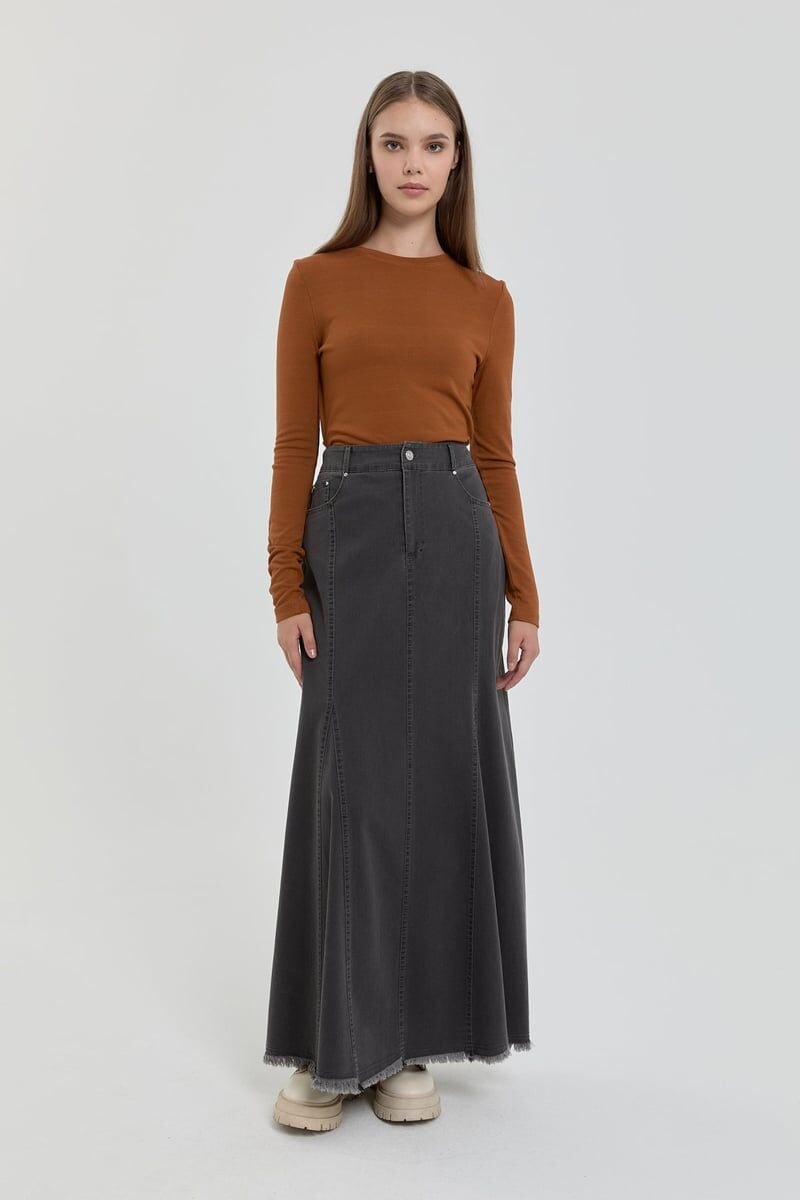 (252ET5019NH.1)    Nihan Parçalı Denim Etek Füme