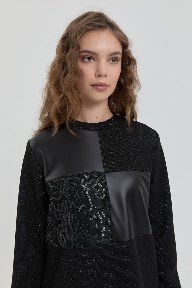 (252TN4222NH.1)Deri Detaylı Simli Örme Tunik Siyah