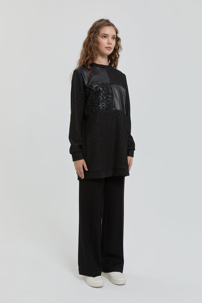 (252TN4222NH.1)Deri Detaylı Simli Örme Tunik Siyah