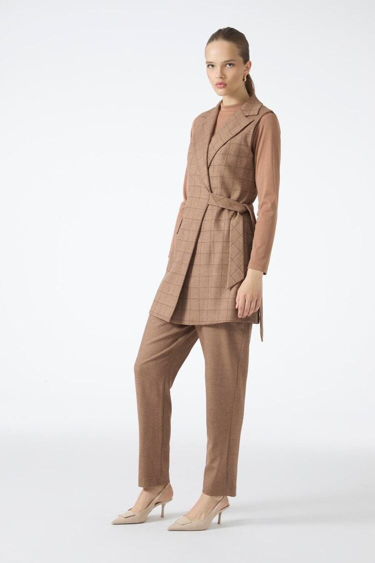 Ekose Desenli Taba Üçlü Kombin Takım TK-1050