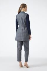 Ekose Desenli İndigo Üçlü Kombin Takım TK-1050