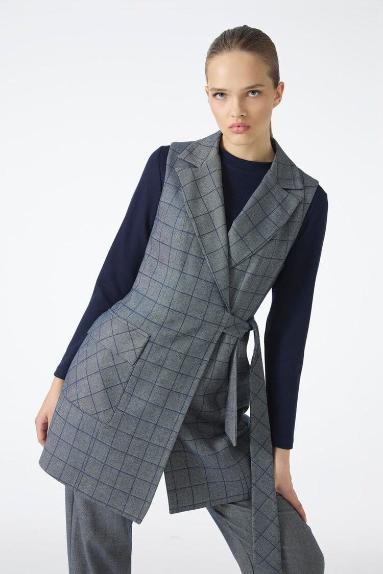 Ekose Desenli İndigo Üçlü Kombin Takım TK-1050