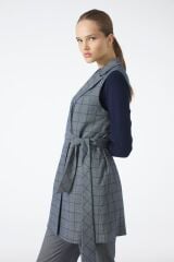 Ekose Desenli İndigo Üçlü Kombin Takım TK-1050