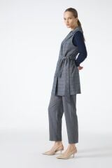 Ekose Desenli İndigo Üçlü Kombin Takım TK-1050